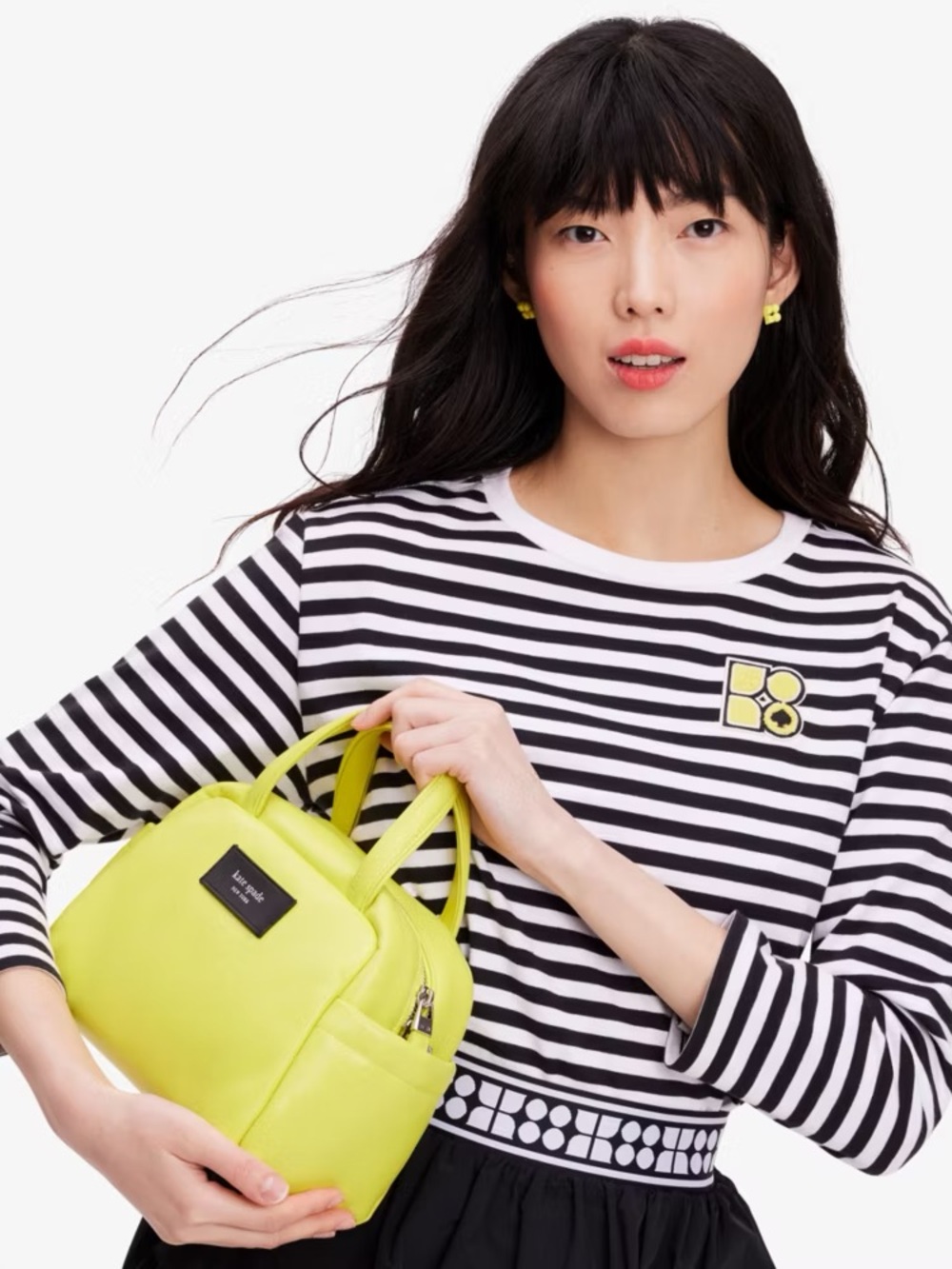 kate spade Noel Black & White Striped Long-Sleeve Top with Yellow Patch